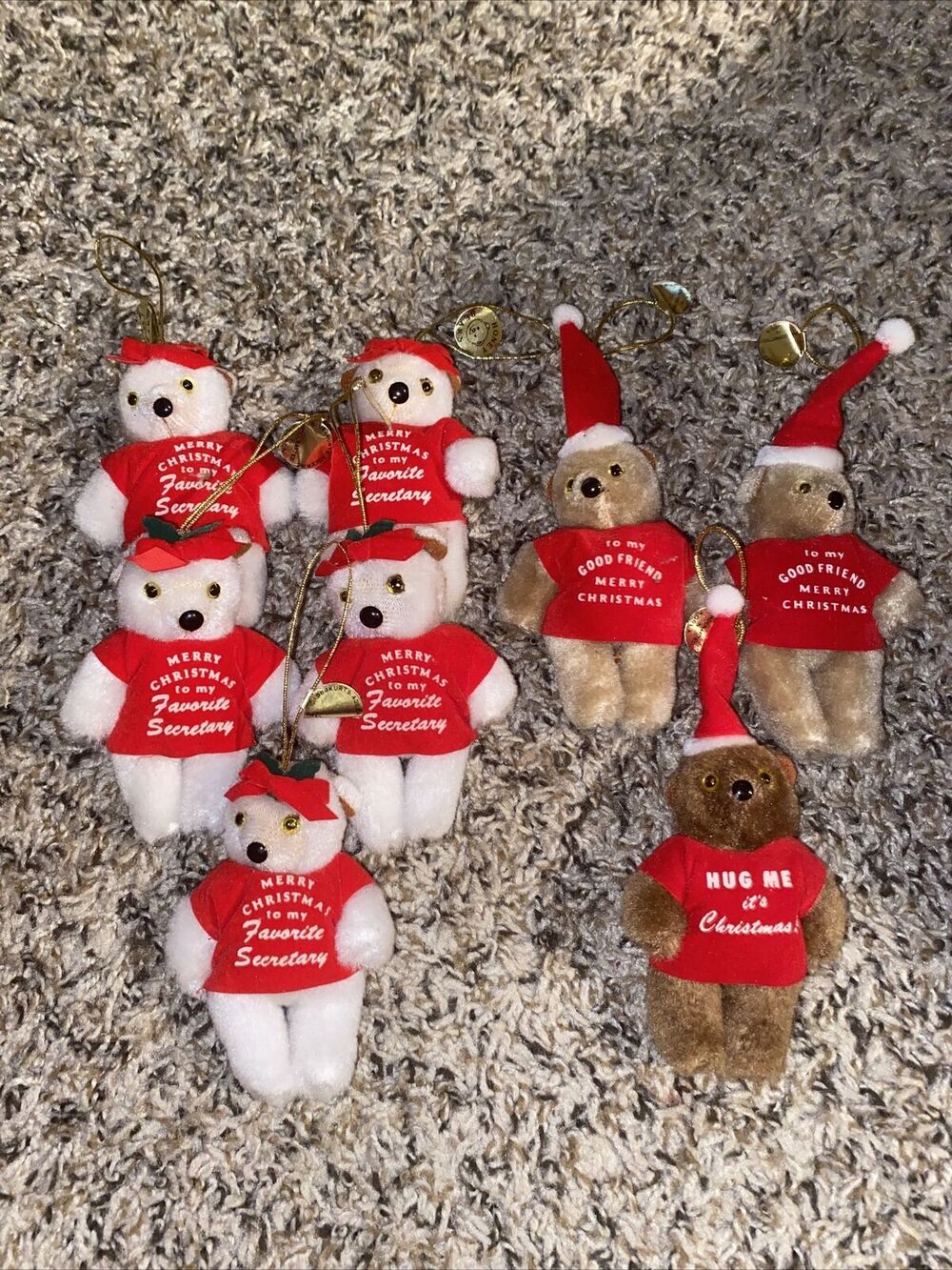 New NOS Lot Of 8 Vintage Plush Bear Ornament Merry Christmas Honey Bear 4 Inch